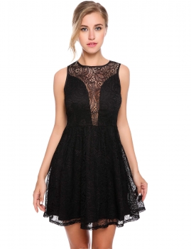 

Black Sleeveless Lace Patchwork O Neck Skater Party Dress, Multicolor