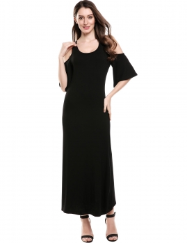 

Black Half Flare Sleeve Solid Cold Shoulder O-Neck Elastic Maxi Dress, Multicolor