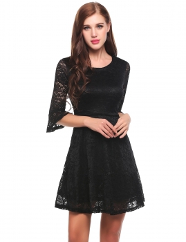 

Black 3"4 Flare Sleeve Hollow Floral Lace A-Line Dress, Multicolor