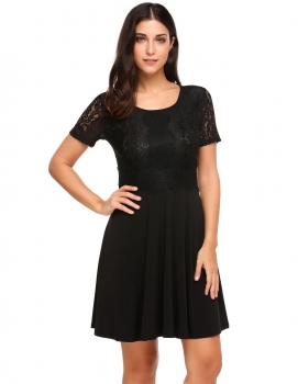 

Black Floral Lace Fit and Flare Patchwork Dress, Multicolor