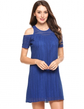 

Blue Cold Shoulder Hollow Out Solid Shift Dress, Multicolor