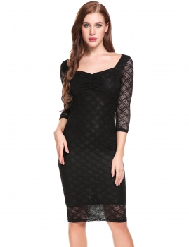 

Black V-Neck Three Quarter Sleeve Pleated Floral Lace Elastic Package Hip Dress with Lining, Multicolor