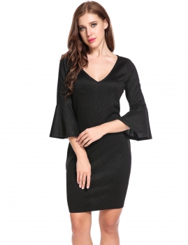 

Black Deep V-Neck 3"4 Flare Sleeve Tunic Shining Color Elastic Party Dress, Multicolor