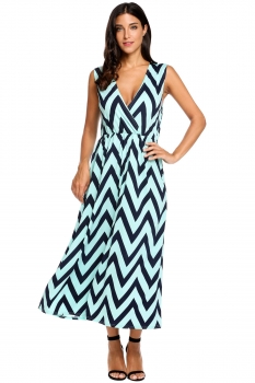 

Blue Cross V-Neck Sleeveless A-Line Pleated Hem Elastic Beach Maxi Dress, Multicolor