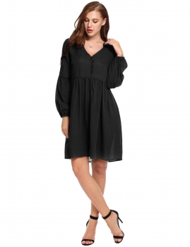 

Black V-Neck Lantern Sleeve Half Button Smock Casual Dress, Multicolor