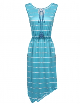 

Blue Sleeveless Striped Asymmetrical Hem Casual A-Line Dress, Multicolor
