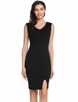 

Black Women's V-Neck Sleeveless Split Front Cocktail Bodycon Tank Dress, Multicolor