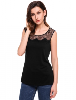 

Black Lace Patchwork O-Neck Elastic Pullover Tank Tops, Multicolor