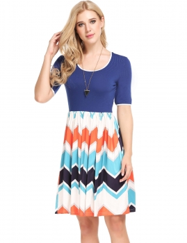 

Blue O-Neck Wave Striped Patchwork A-Line Pleated Hem Dress, Multicolor