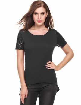 

Black Sequins Short Sleeve Patchwork Asymmetrical Hem O-Neck T-Shirt, Multicolor