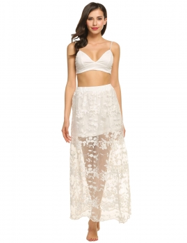 

Women Elastic Waist Hollow Floral Lace Long Maxi Skirt with Unlined Bra Set, Multicolor