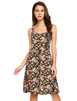 

Black Spaghetti Strap Sleeveless Back Zipper Print Pleated Dress, Multicolor