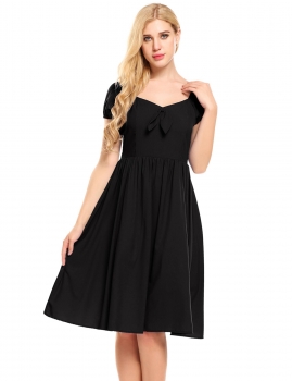 

Black Puff Sleeve Solid A-Line Pleated Hem Dress, Multicolor