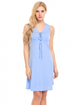 

Baby Blue Lace Up V-Neck Sleeveless Solid A-Line Dress, Multicolor