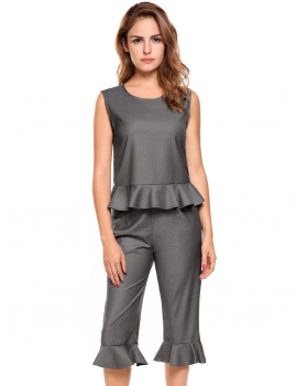 

Gray Solid Sleeveless Ruffle Brim Tank Top with Pants, Multicolor
