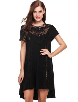 

Black Short Sleeve Print O Neck Loose Mini Dress, Multicolor