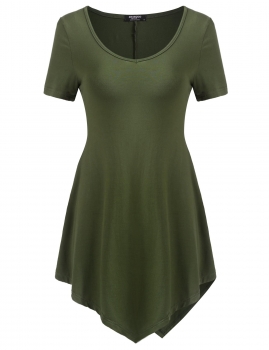

Army green Solid Asymmetrical Hem V-Neck Short Sleeve Tunic, Multicolor