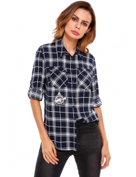 

Blue Plaid Button Down Collar Long Sleeve Pocket Shirts, Multicolor