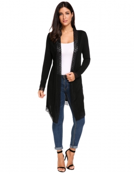 

Black Long Sleeve Open Front Solid Lace Trim Long Cardigan, Multicolor