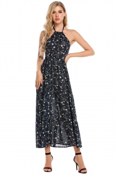 

Navy blue Halter Bandage Prints Pleated Hem Backless Dress, Multicolor