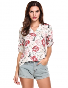 

White Women V-Neck 3"4 Sleeve Floral Print High Low Hem Blouse, Multicolor