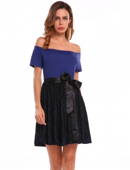 

Blue Lace Patchwork Off Shoulder Contrast Bow Dress, Multicolor
