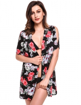 

Black Split Short Sleeve Open Front Floral Print Beach Smock, Multicolor