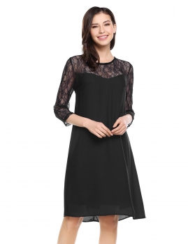 

Black Women's 3"4 Sleeve Floral Lace Chiffon Casual Keyhole Back Shift Dress, Multicolor