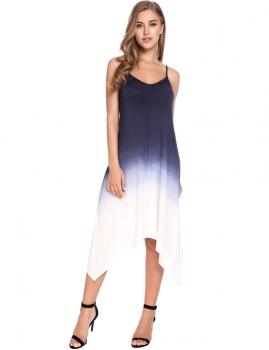 

Blue Sleeveless Gradient Color V Neck Lace-up Asymmetrical Dress, Multicolor