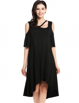

Black Short Sleeve Solid O Neck Pullover Cold Shoulder Asymmetrical Dress, Multicolor