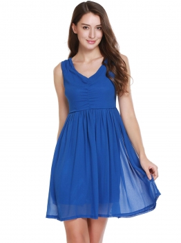 

Blue Sleeveless Solid V-Neck Chiffon Pleated Dress, Multicolor