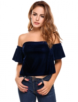 

Blue Off the Shoulder Short Sleeve Solid Velvet Crop Top, Multicolor