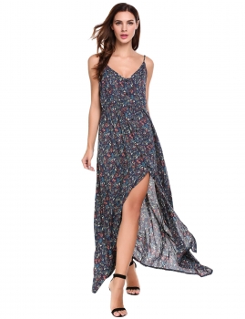 

Blue Sleeveless Floral Print V Neck Button Up Split Casual Dress, Multicolor