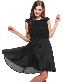 

Black Elegant Cap Sleeve High Waist Lace Patchwork A-Line Dress, Multicolor
