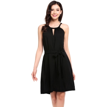 

Black Halter Heyhole Sleeveless Belted Casual Dress, Multicolor