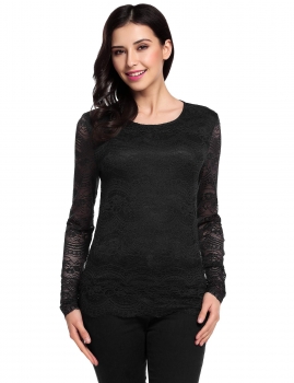

Black Solid Crew Neck Long Sleeve Hollow Lace Tops, Multicolor
