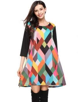 

Black 3"4 Sleeve Loose Geometric Print Casual Dress, Multicolor