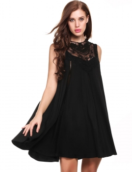 

Black Sleeveless Lace Patchwork Hollow Out Loose Shift Casual Dress, Multicolor