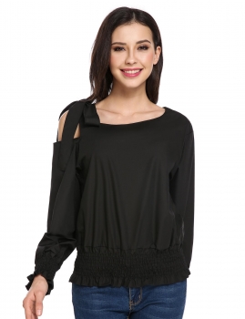 

Black Long Sleeve Slim Round Neck Tie Shoulder Shirred Cuff Solid Shirt Tops, Multicolor