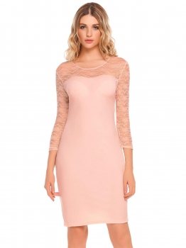

Pastel pink 3"4 Sleeve Lace Patchwork O Neck Party Cocktail Pencil Dress, Multicolor
