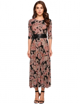 

Black Half Sleeve Print O Neck Belted Maxi Dress, Multicolor