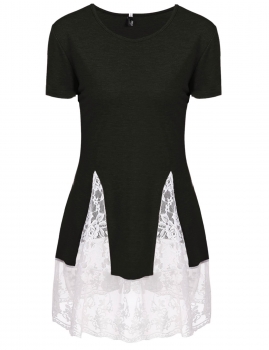 

Black Floral Lace Patchwork Trim Short Sleeve Crew Neck Casual Top, Multicolor