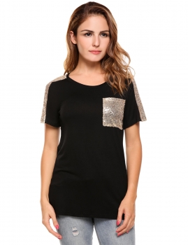 

Black Sequined Short Sleeve Casual Loose Fit Pocket T-Shirt, Multicolor