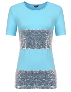 

Blue Sequined Contrast Color O-Neck Short Sleeve Loose T-Shirts, Multicolor