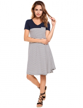

Navy blue Short Sleeve Striped Pocket Casual Loose Fit Tunic Dress, Multicolor