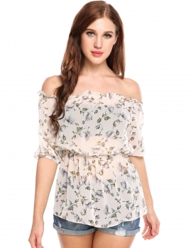 

Beige Short Sleeve Slim Off the Shoulder Floral Print Chiffon Blouse, Multicolor
