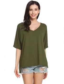 

Army green Solid Loose Raglan Sleeve Slit Short Sleeve V Neck Pullover Comfy T-Shirt, Multicolor
