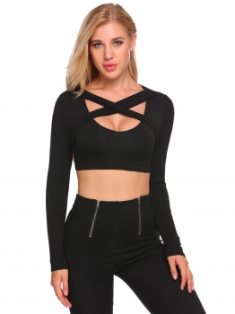 

Black Deep-V Neck Front Cross Long Sleeve Solid Crop Tops, Multicolor