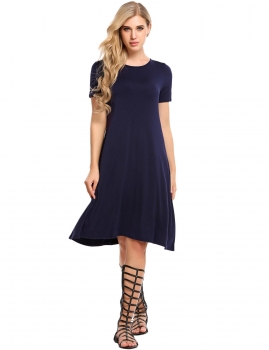 

Navy blue Solid Elastic A-Line Pleated Hem O-Neck Short Sleeve Dress, Multicolor