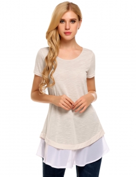 

Apricot O-Neck Short Sleeve Chiffon Patchwork T-Shirt, Multicolor